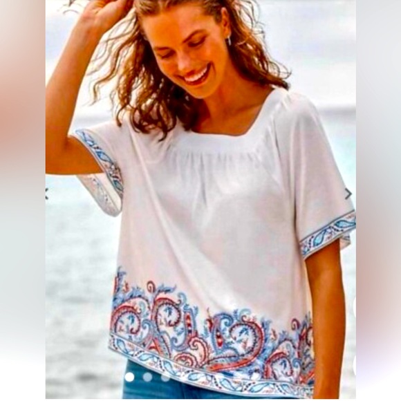 J Jill paisley print flutter sleeve embellished cotton blend white blouse 3X - Picture 1 of 7